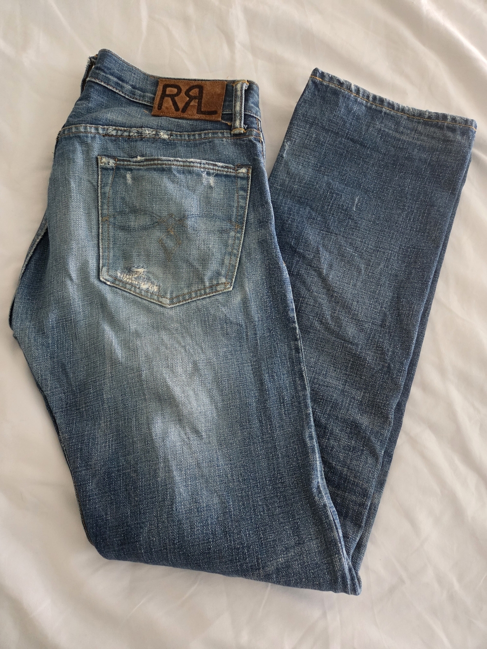Ralph Lauren Double RL Men’s Blue Straight Jeans with Leather Logo Patch